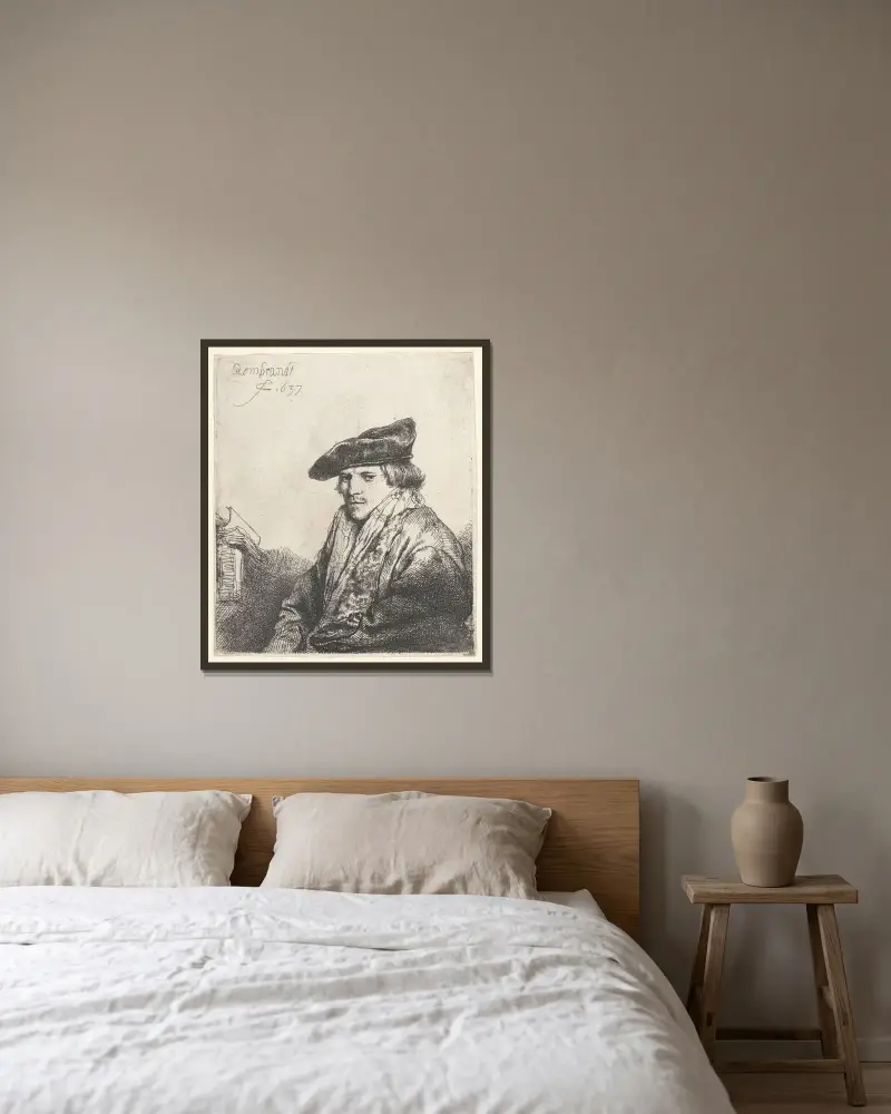 Ung man med sammetsmössa och böcker bredvid sig av Rembrandt van Rijn inramad på en vägg