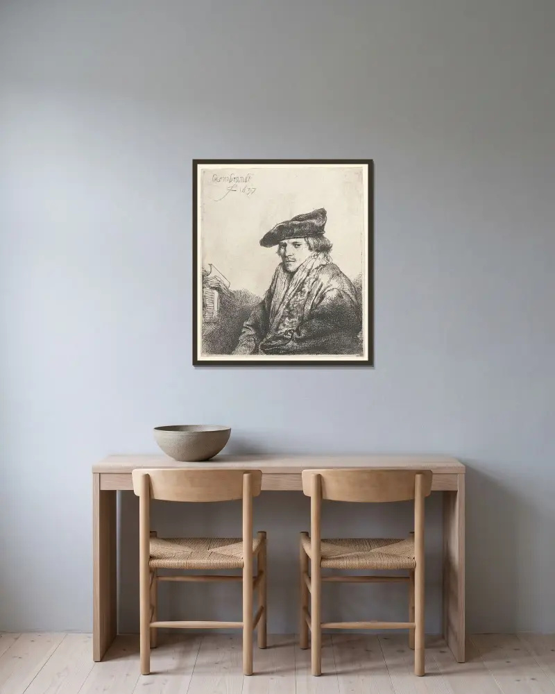 Ung man med sammetsmössa och böcker bredvid sig av Rembrandt van Rijn inramad på en vägg