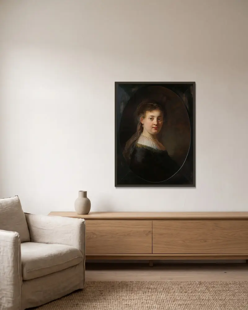 Young Woman in Fantasy Costume av Rembrandt van Rijn inramad på en vägg