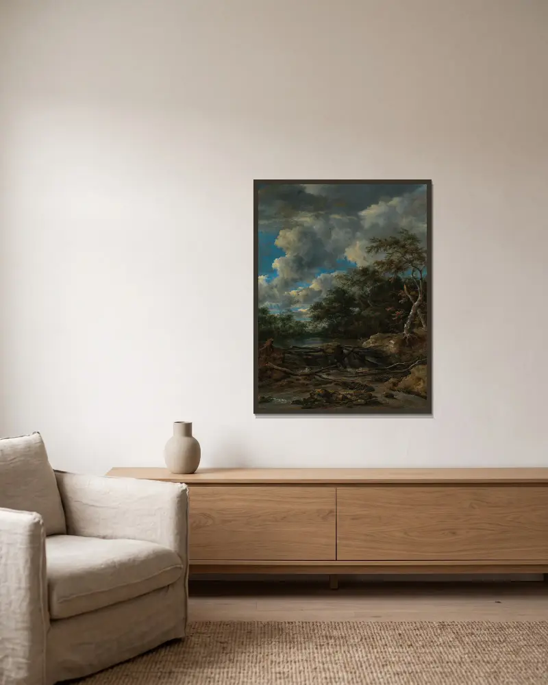 A wooded landscape with a waterfall av Jacob van Ruisdael inramad på en vägg