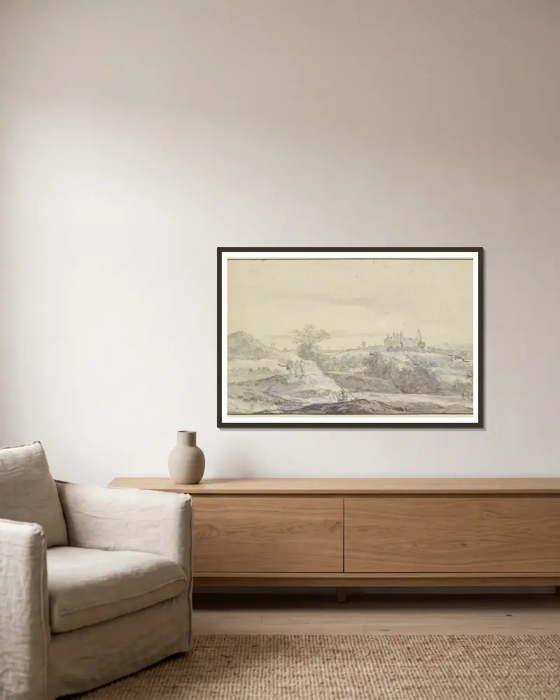 Blick auf Burg Bentheim von Jacob van Ruisdael gerahmt an einer Wand