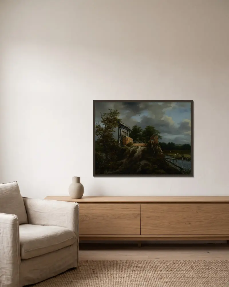 Bridge with a Sluice av Jacob van Ruisdael inramad på en vägg