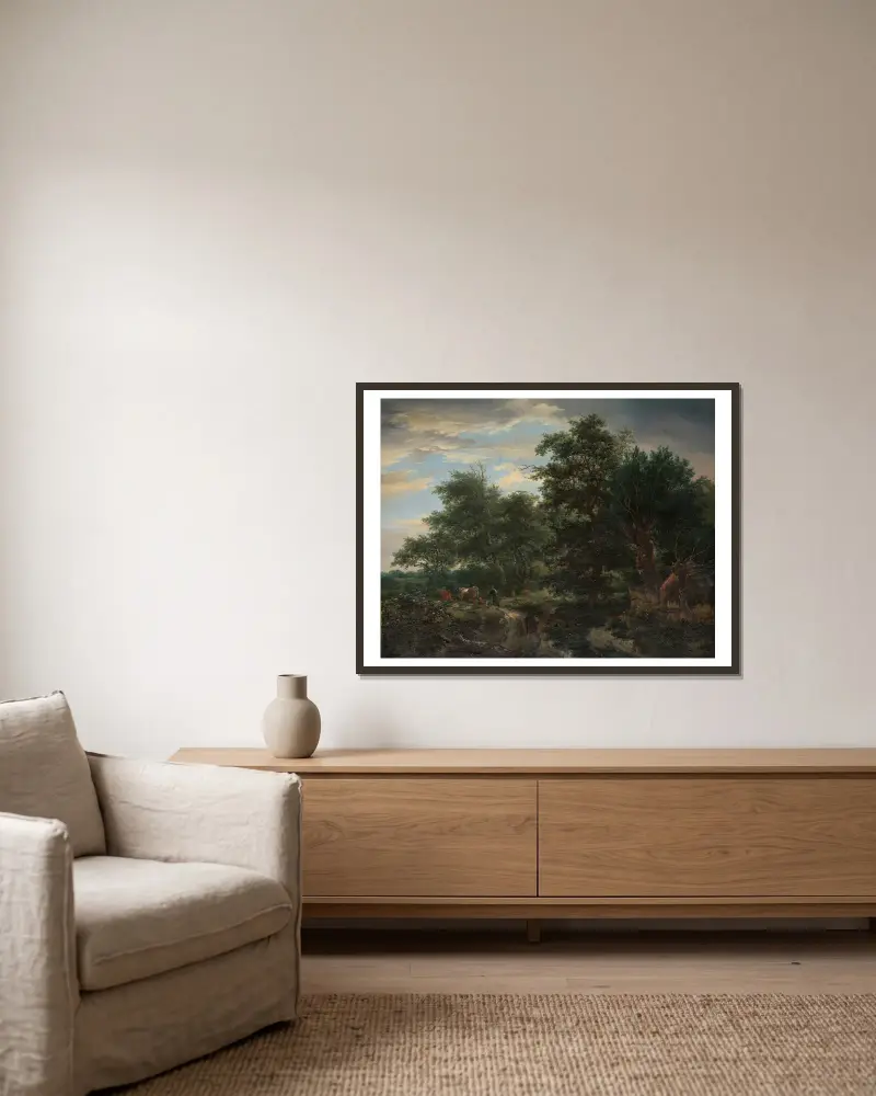Waldlandschaft von Jacob van Ruisdael gerahmt an einer Wand