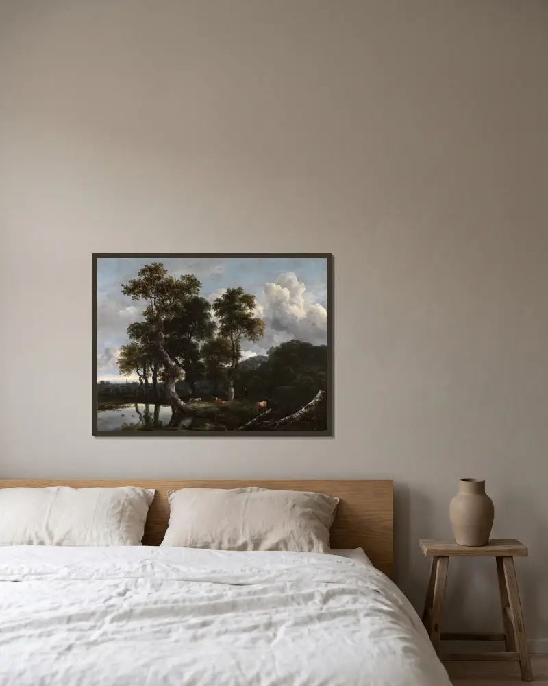 Grosse Baumgruppe am Wasser av Jacob van Ruisdael inramad på en vägg
