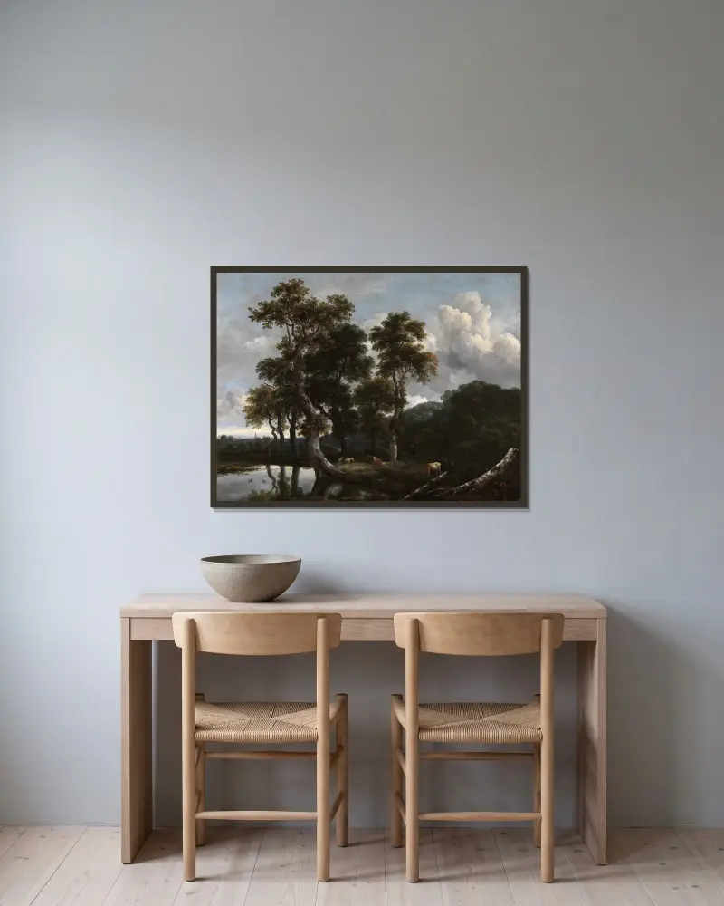 Grosse Baumgruppe am Wasser av Jacob van Ruisdael inramad på en vägg