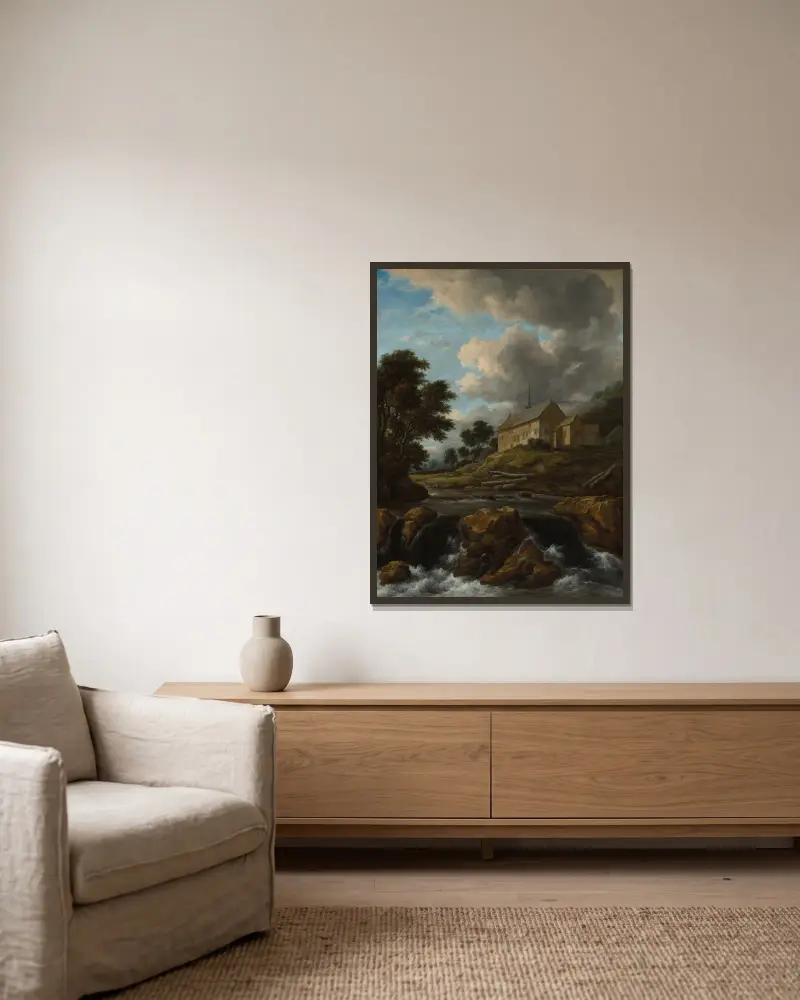 Landskap med kyrka vid en fors av Jacob van Ruisdael inramad på en vägg