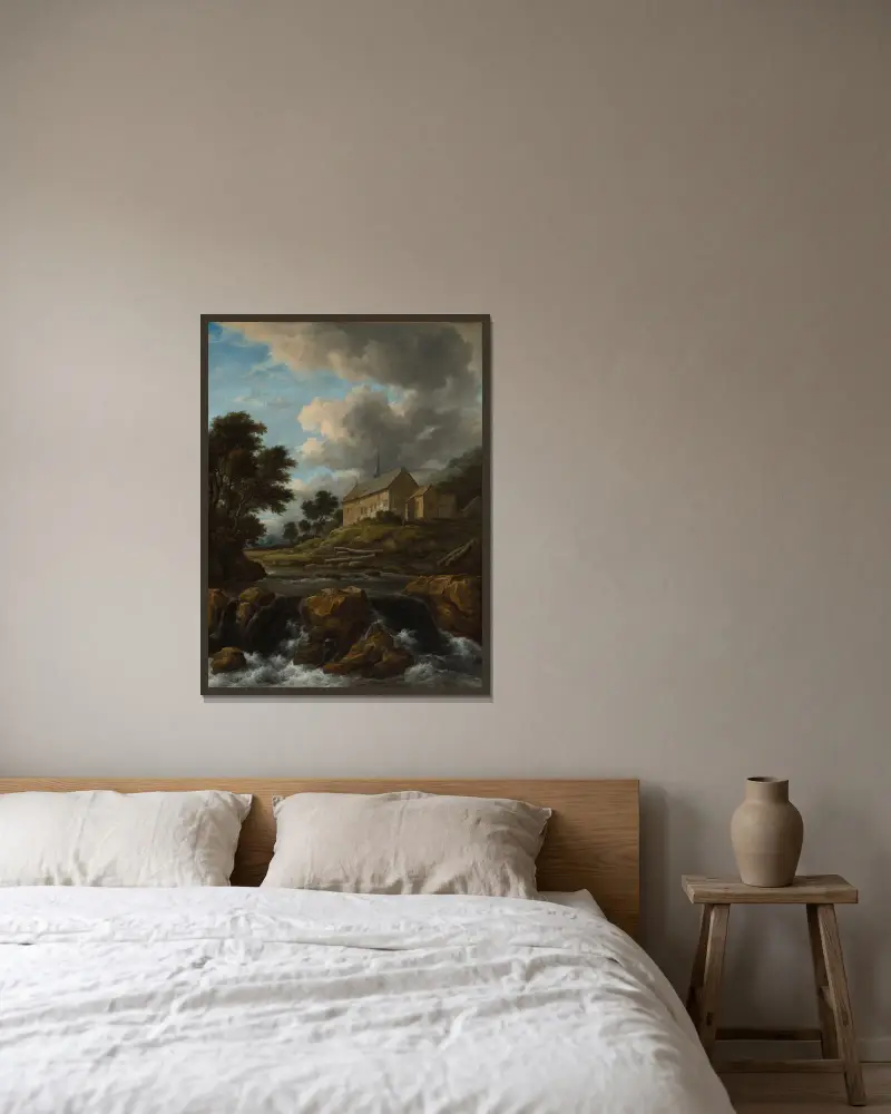 Landskap med kyrka vid en fors av Jacob van Ruisdael inramad på en vägg