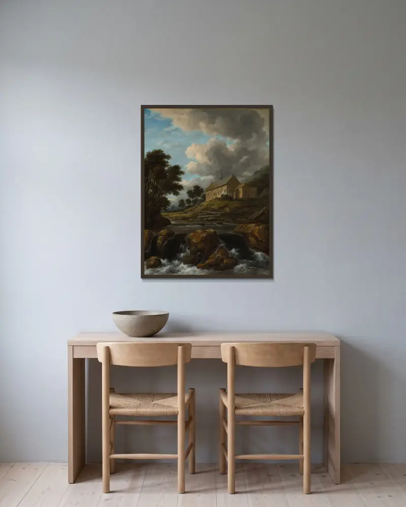 Landskap med kyrka vid en fors av Jacob van Ruisdael inramad på en vägg