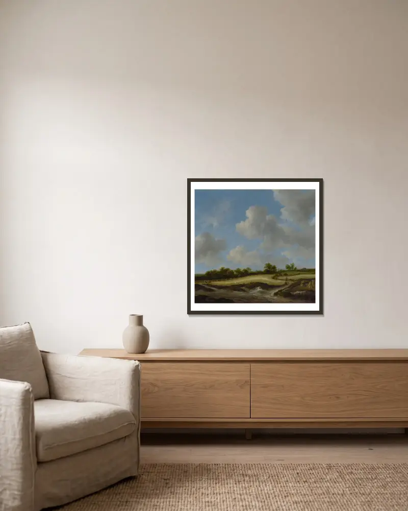 Landscape with a Wheatfield av Jacob van Ruisdael inramad på en vägg