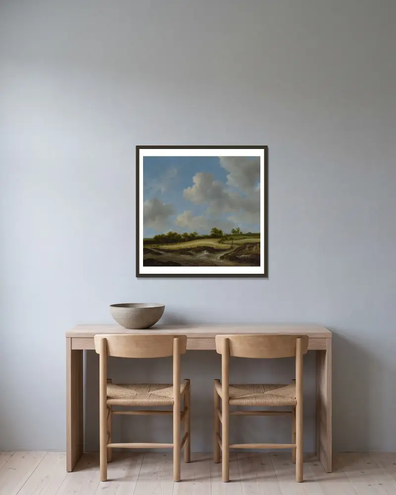Landscape with a Wheatfield av Jacob van Ruisdael inramad på en vägg