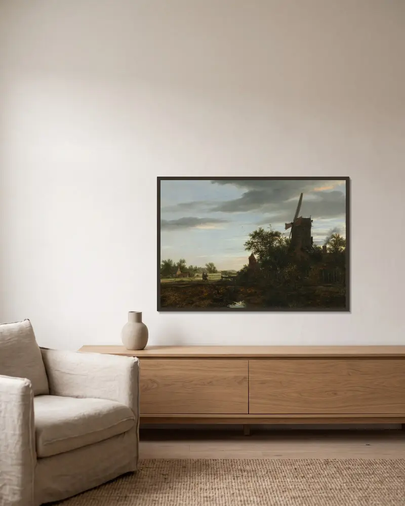 Krajina s větrným mlýnem, Jacob van Ruisdael v rámu na stěně