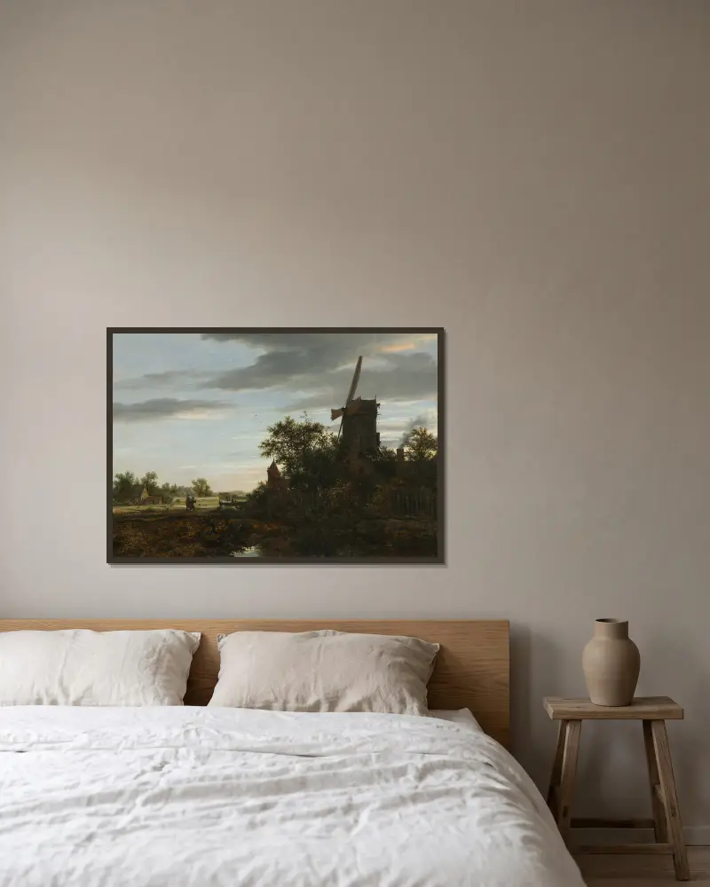 Krajina s větrným mlýnem, Jacob van Ruisdael v rámu na stěně