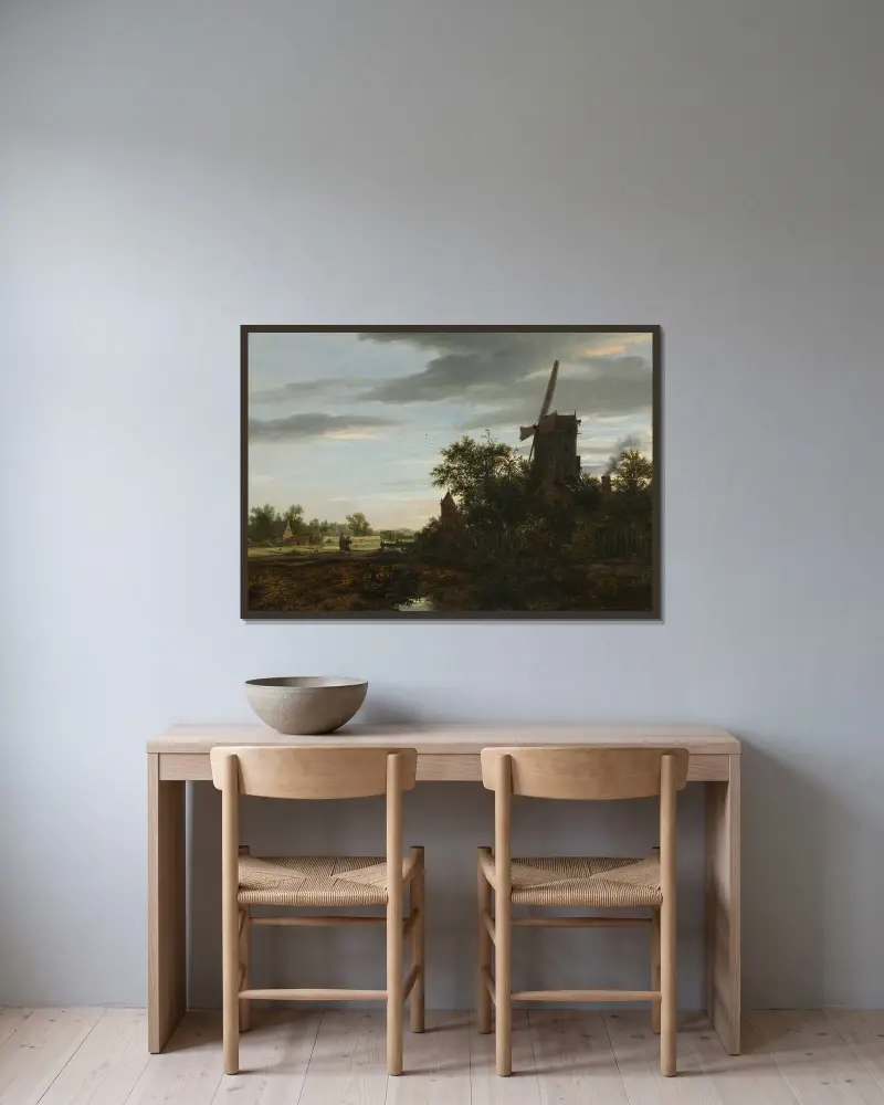 Krajina s větrným mlýnem, Jacob van Ruisdael v rámu na stěně