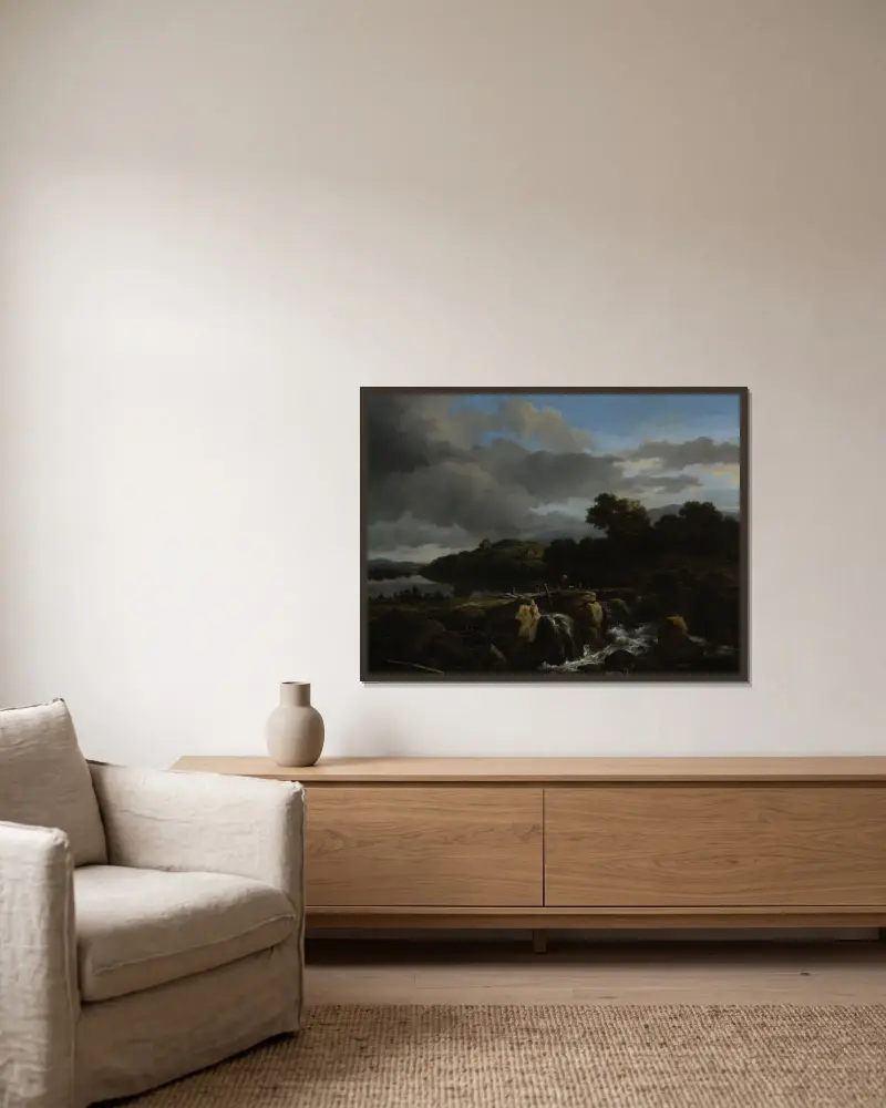 Landscape with Cascade av Jacob van Ruisdael inramad på en vägg