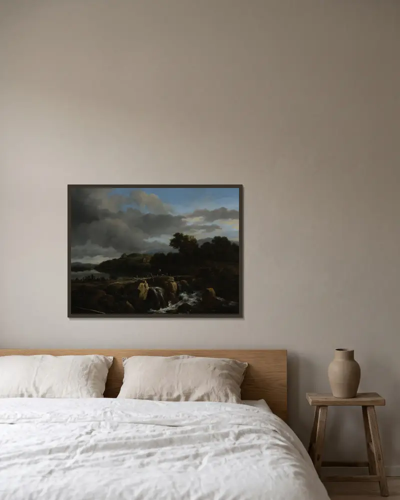 Landscape with Cascade av Jacob van Ruisdael inramad på en vägg