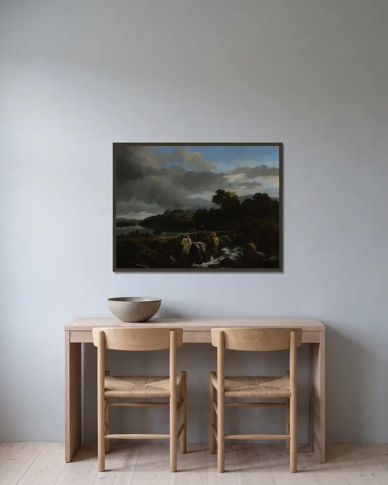Landscape with Cascade av Jacob van Ruisdael inramad på en vägg