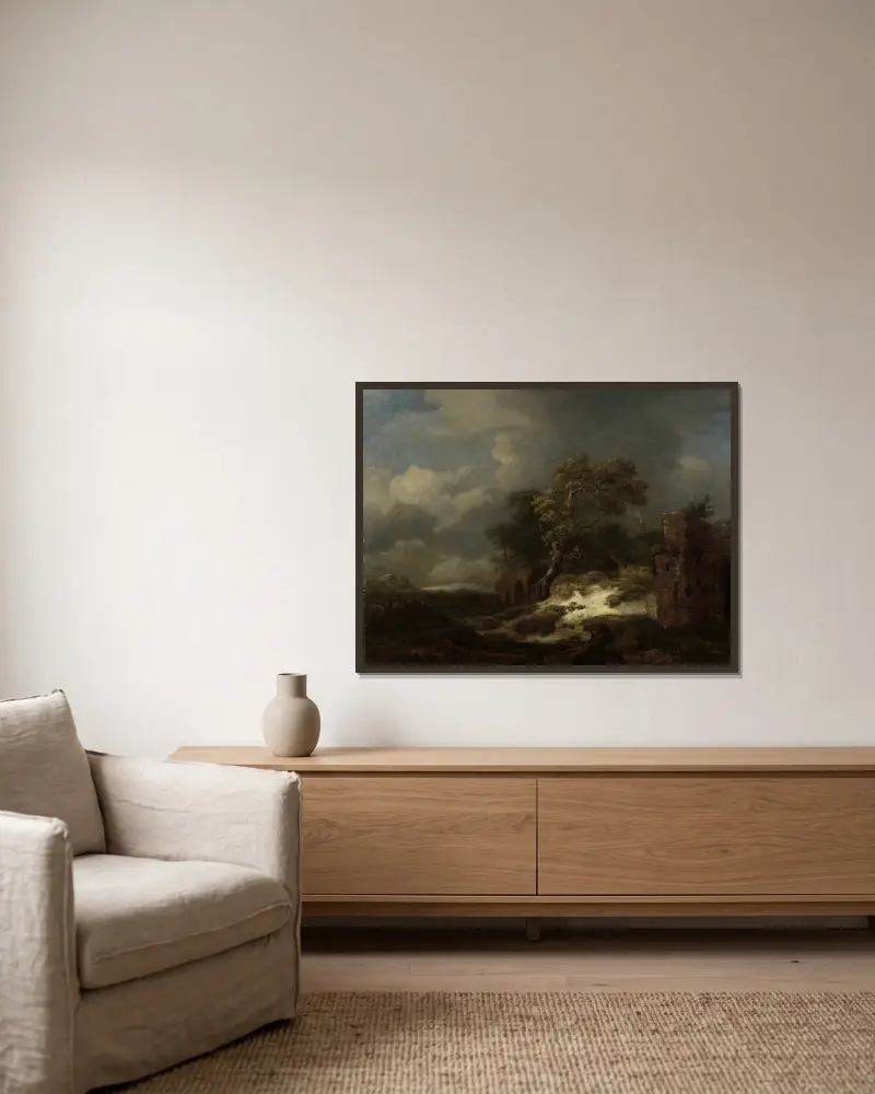 Landschaft mit Ruinen von Jacob van Ruisdael gerahmt an einer Wand