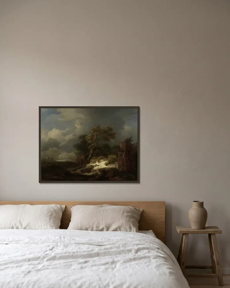 Landschaft mit Ruinen von Jacob van Ruisdael gerahmt an einer Wand