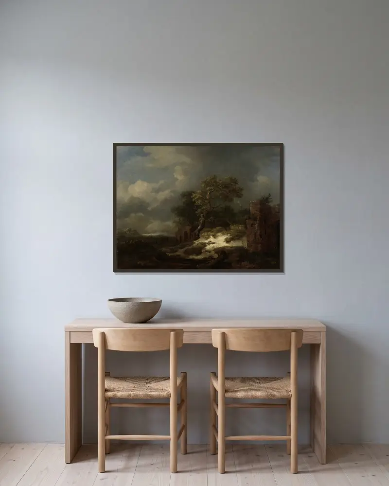 Landschaft mit Ruinen von Jacob van Ruisdael gerahmt an einer Wand