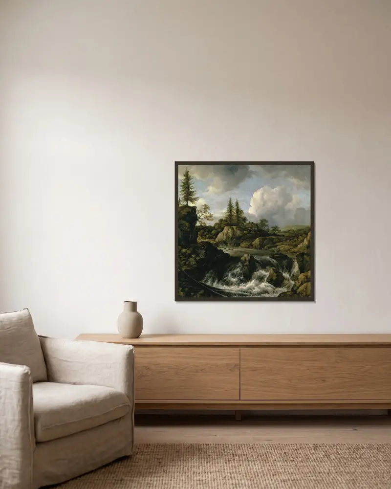 Landscape with Waterfall – nr 1 av Jacob van Ruisdael inramad på en vägg