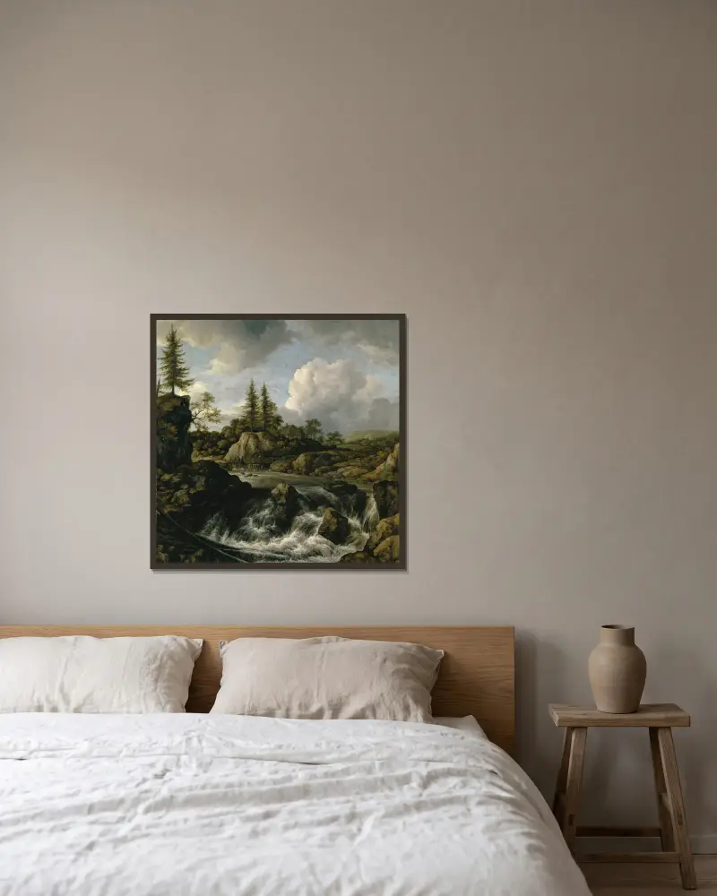 Landscape with Waterfall – nr 1 av Jacob van Ruisdael inramad på en vägg