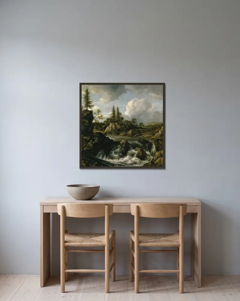 Landscape with Waterfall – nr 1 av Jacob van Ruisdael inramad på en vägg