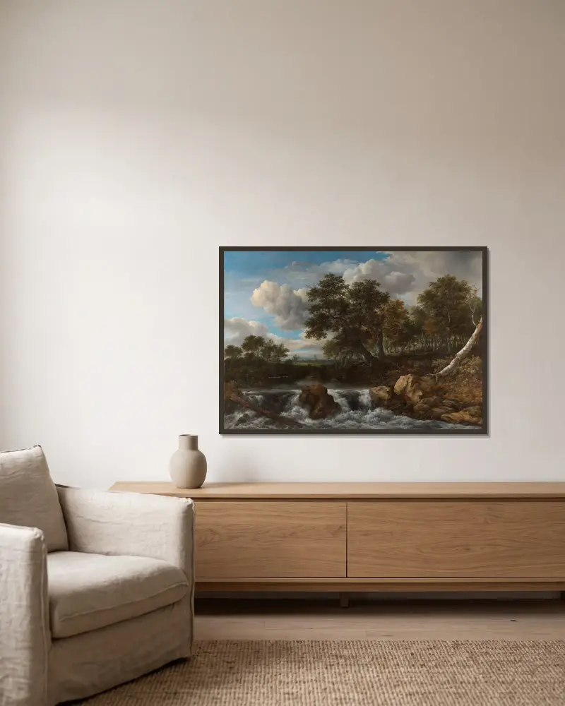 Landscape with Waterfall, 1668 av Jacob van Ruisdael inramad på en vägg