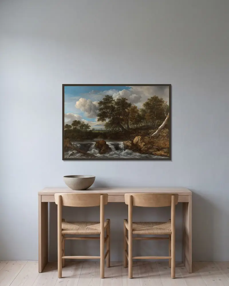 Landscape with Waterfall, 1668 av Jacob van Ruisdael inramad på en vägg