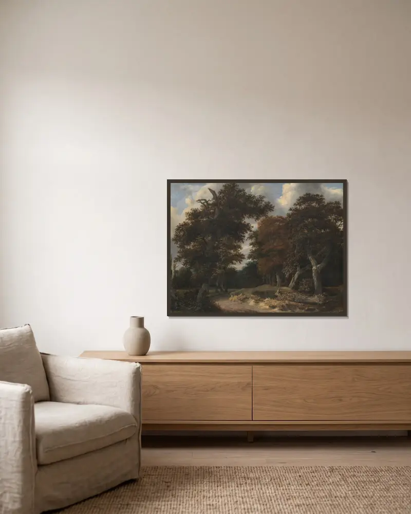 Weg durch einen Eichenwald von Jacob van Ruisdael gerahmt an einer Wand