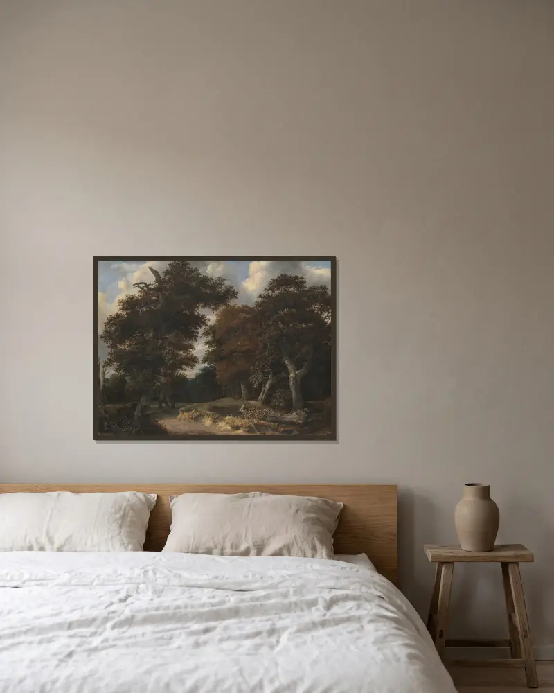 Weg durch einen Eichenwald von Jacob van Ruisdael gerahmt an einer Wand