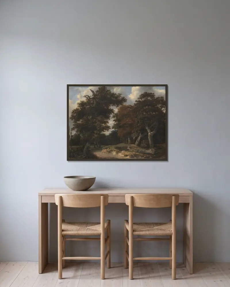 Weg durch einen Eichenwald von Jacob van Ruisdael gerahmt an einer Wand