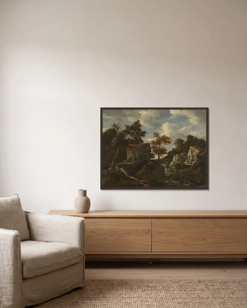 Felsenlandschaft von Jacob van Ruisdael gerahmt an einer Wand