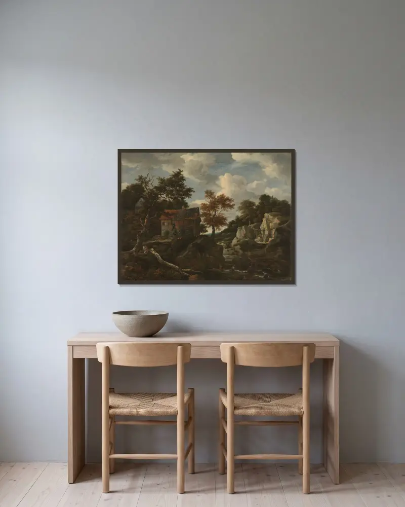 Felsenlandschaft von Jacob van Ruisdael gerahmt an einer Wand