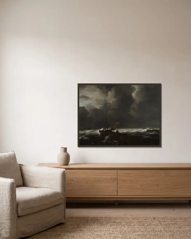 Rough Sea at a Jetty av Jacob van Ruisdael inramad på en vägg