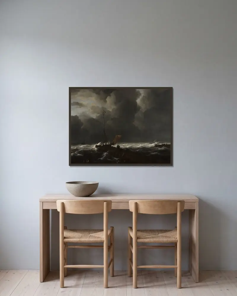 Rough Sea at a Jetty av Jacob van Ruisdael inramad på en vägg