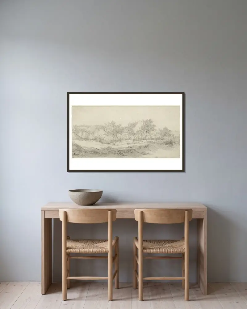 Liten del av ett träd med ett staket av Jacob van Ruisdael inramad på en vägg