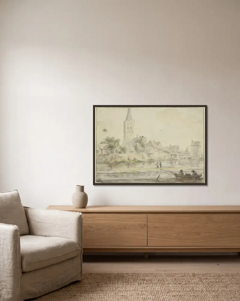 Stad vid vatten med kyrka, torn till höger, båt med två personer i förgrunden av Jacob van Ruisdael inramad på en vägg