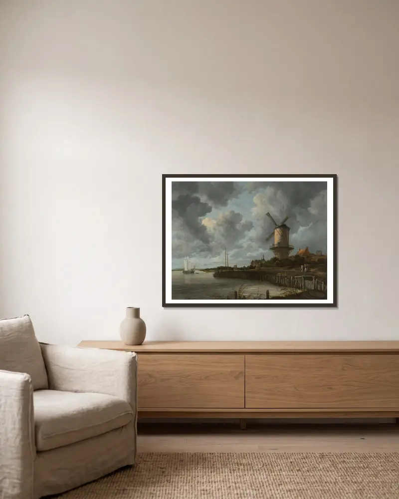 Větrný mlýn u Wijk bij Duurstede, Jacob van Ruisdael v rámu na stěně