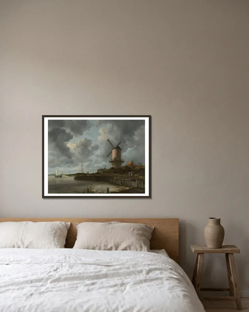 Větrný mlýn u Wijk bij Duurstede, Jacob van Ruisdael v rámu na stěně