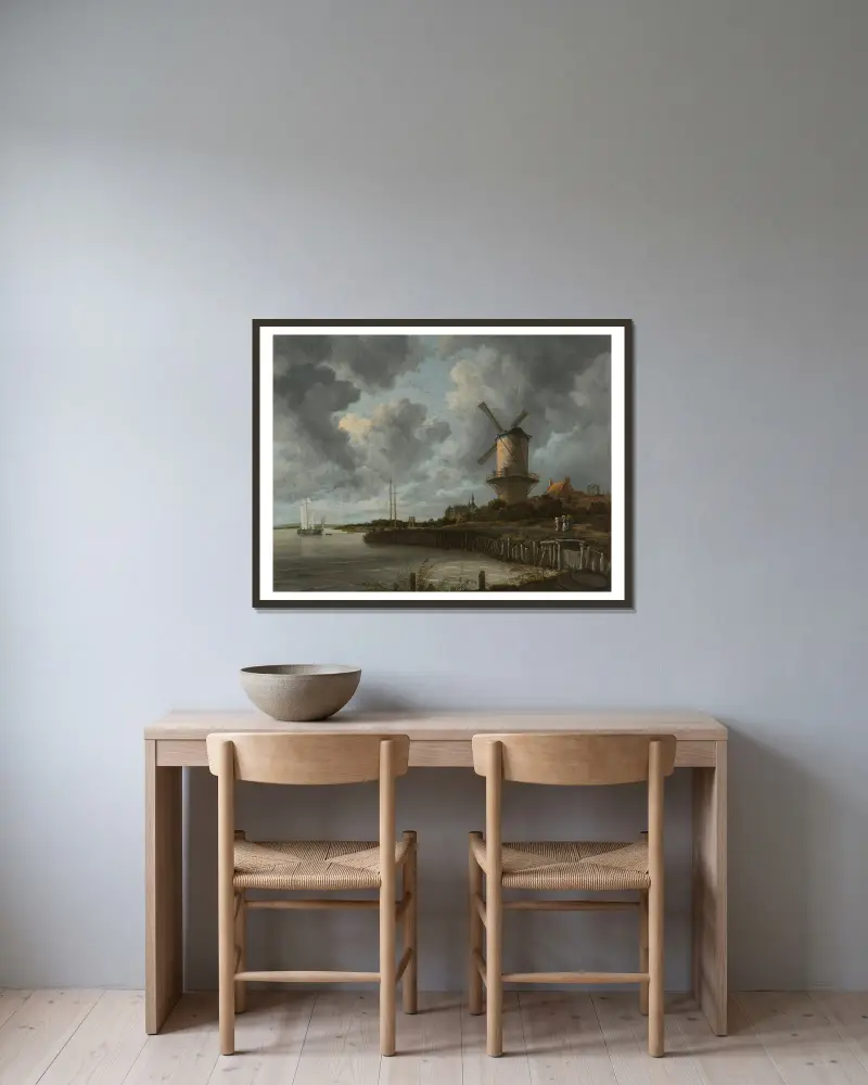 Větrný mlýn u Wijk bij Duurstede, Jacob van Ruisdael v rámu na stěně