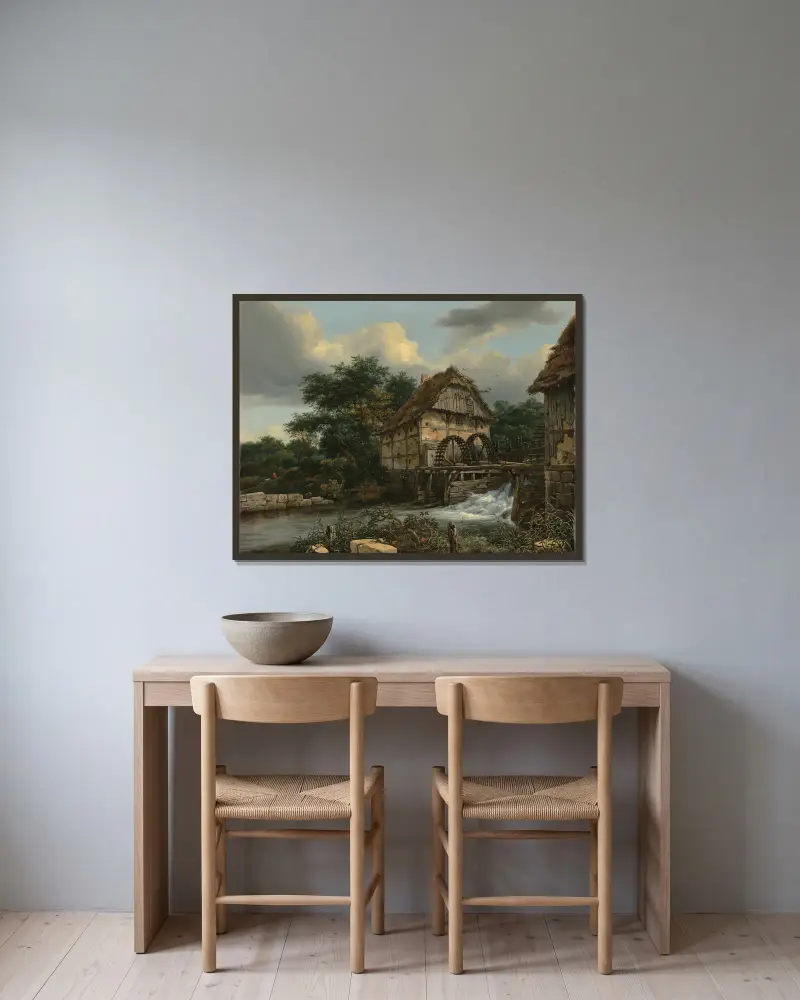 Two Watermills and an Open Sluice av Jacob van Ruisdael inramad på en vägg