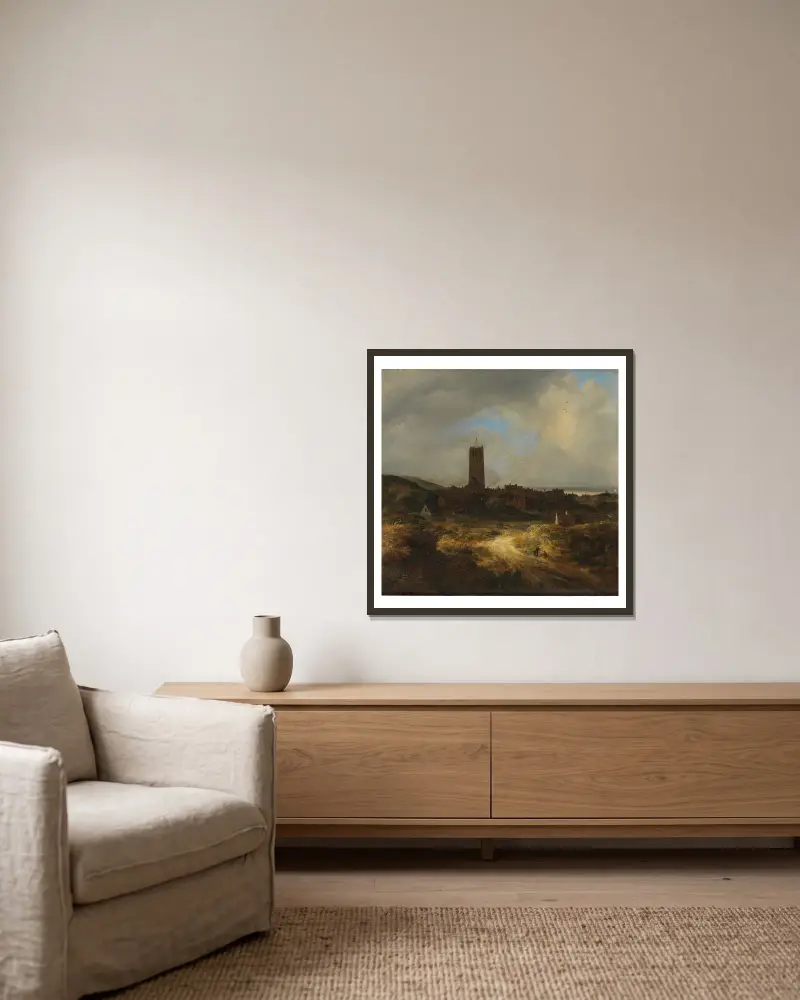 Ansicht von Egmond aan Zee von Jacob van Ruisdael gerahmt an einer Wand