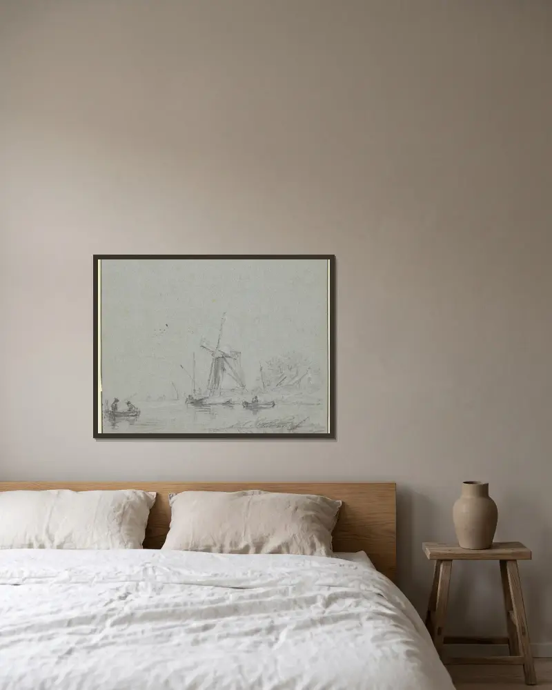 Väderkvarn vid vatten, två båtar i förgrunden av Jacob van Ruisdael inramad på en vägg