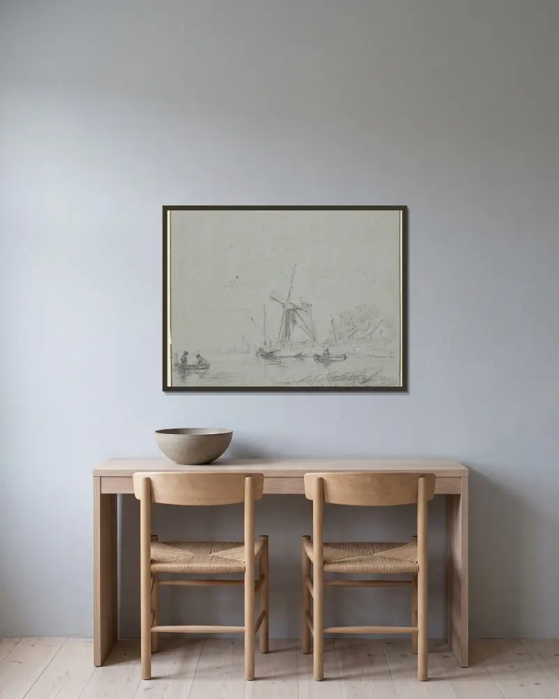 Väderkvarn vid vatten, två båtar i förgrunden av Jacob van Ruisdael inramad på en vägg