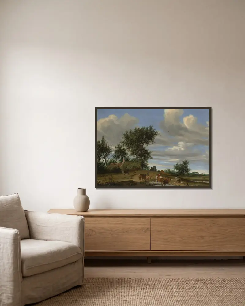 A Country Road av Salomon van Ruysdael inramad på en vägg