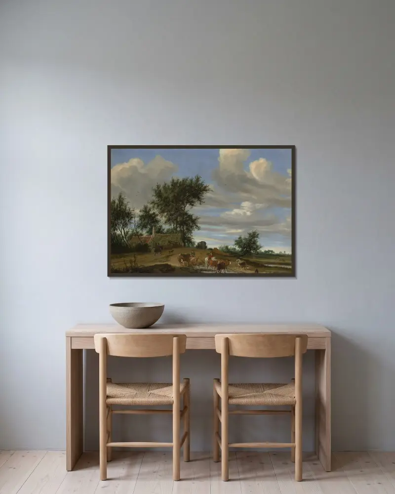 A Country Road av Salomon van Ruysdael inramad på en vägg