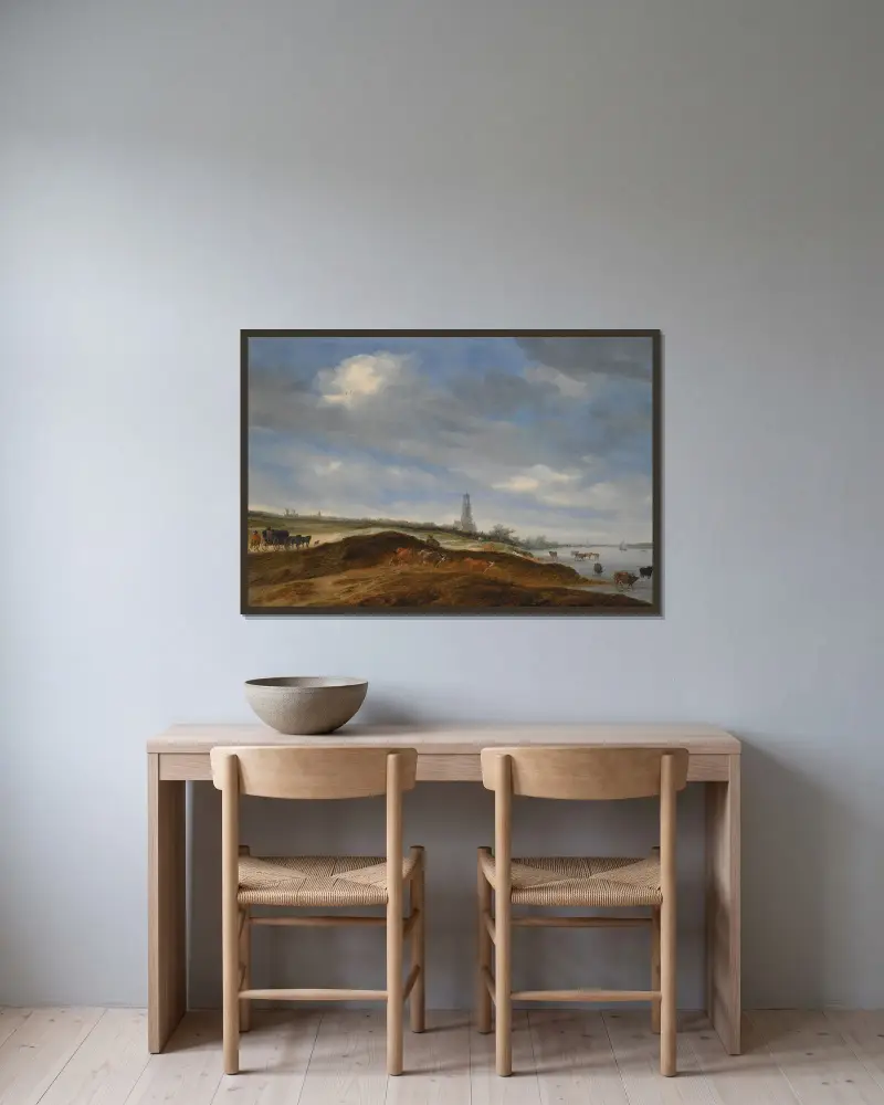 Panoramavy över Rhenen från Rhens strand väster om staden av Salomon van Ruysdael inramad på en vägg