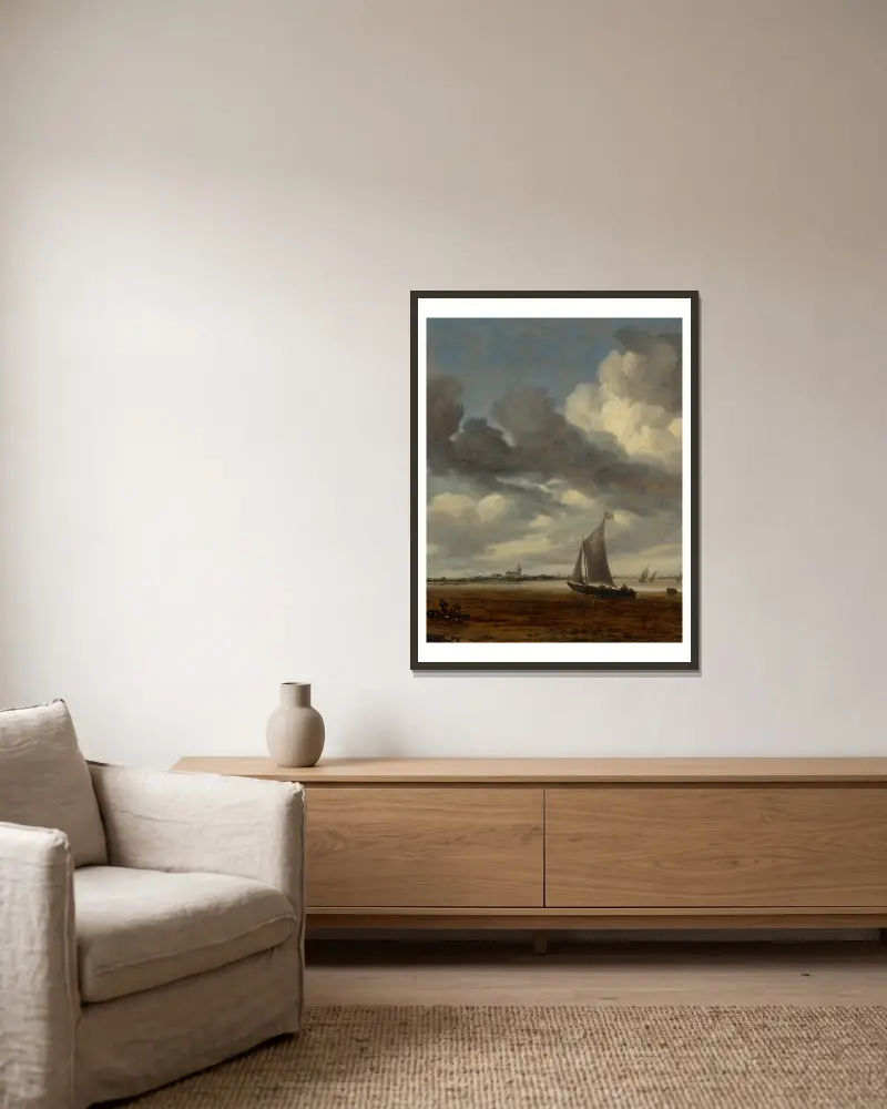 Ein Smalschiff in einer Flussmündung mit zwei Fischern im Vordergrund von Salomon van Ruysdael gerahmt an einer Wand