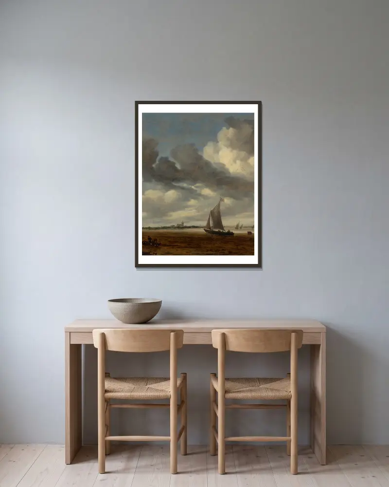 Ein Smalschiff in einer Flussmündung mit zwei Fischern im Vordergrund von Salomon van Ruysdael gerahmt an einer Wand