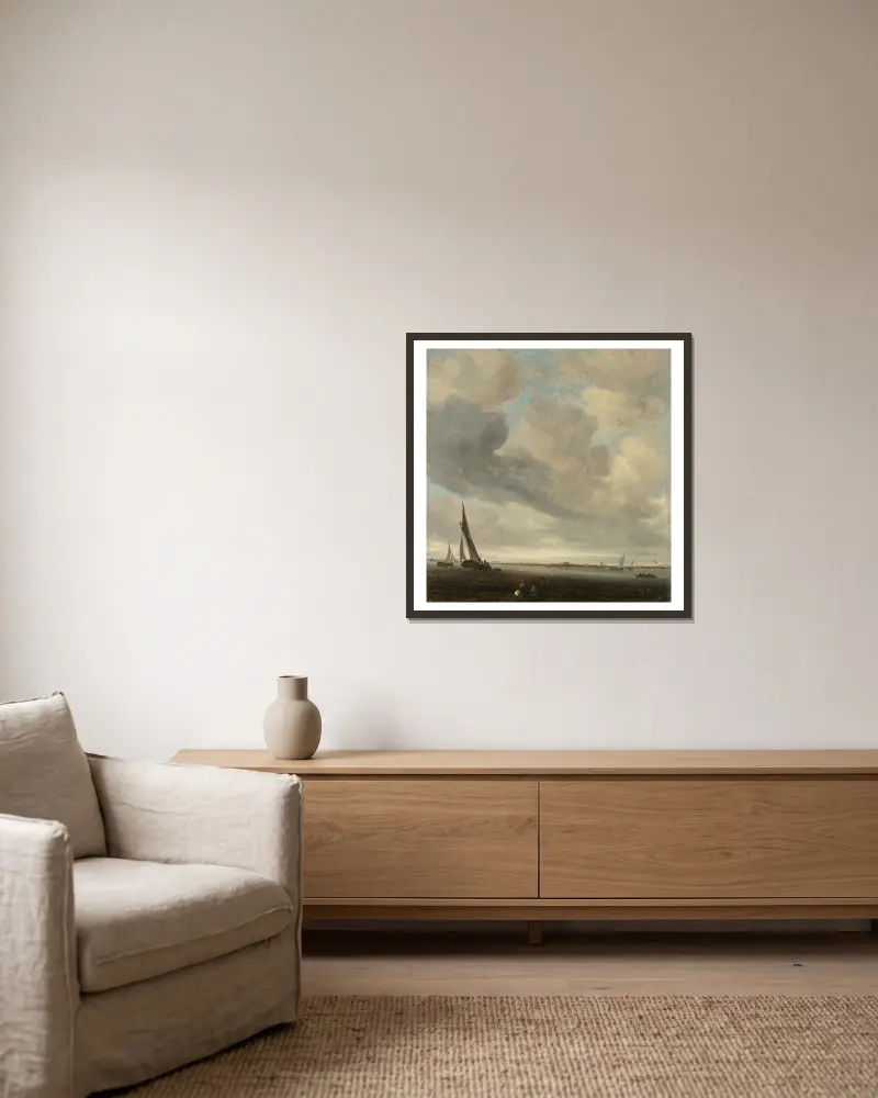 Eine Flussmündung mit Haarlem in der Ferne von Salomon van Ruysdael gerahmt an einer Wand